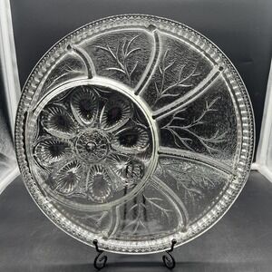 Vintage Indiana Glass Pebble Leaf Serving Platter Deviled Egg Relish Tray 13"